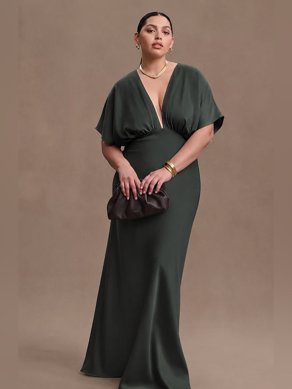 BHLDN Leila Emerald Satin Deep V Gown NWT Anthropologie 14